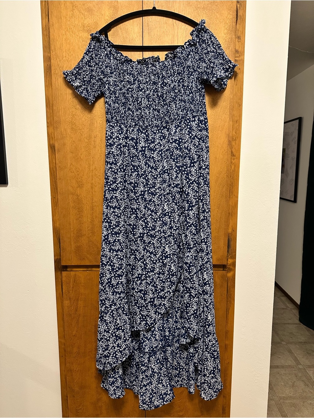 Lulu's Navy Floral Smocked Off-Shoulder Maxi Dress